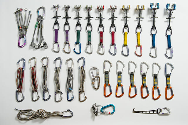 A selection of equipment that you need for trad climbing