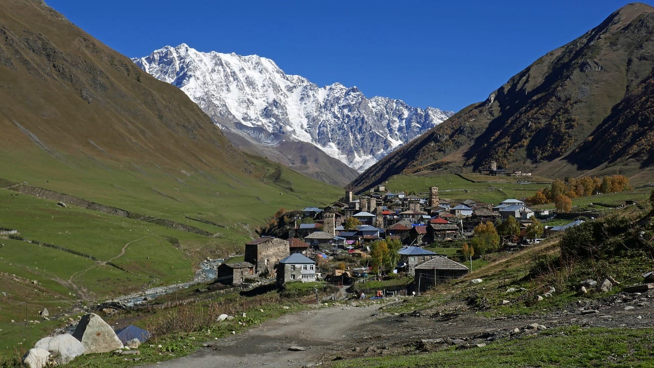 Ushguli with a view of the Shkhara glacier